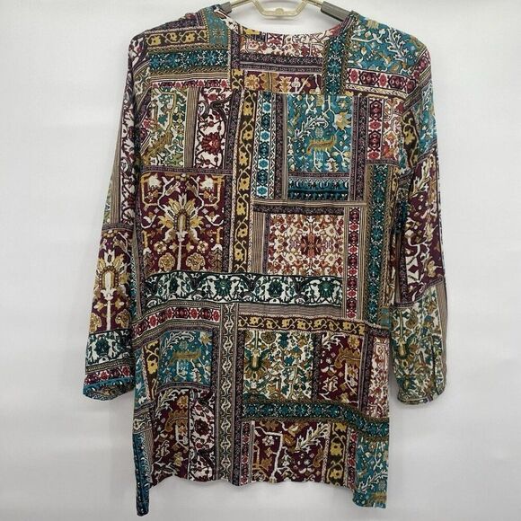 J. Jill Patchwork Print Bohemian‎ Button Front Tunic Size XL Jewel Tones - Picture 2 of 4